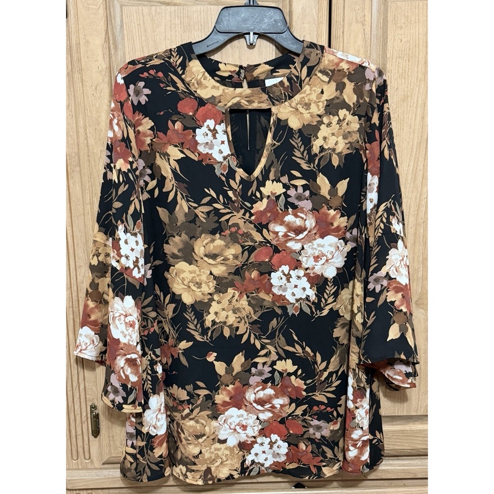 Avenue Top Blouse Women's Size 14/16 Floral Chiffon Brown Bell Sleeve Keyhole